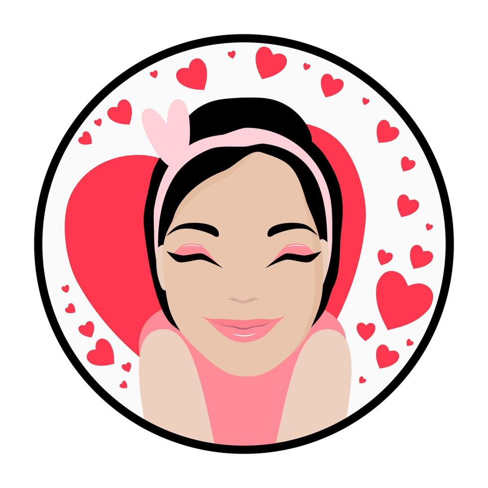 amor, mujer morena amable con dibujos animados sonríe y entrecierra los ojos con amor, niña sonriente coquetea y muchos corazones. vector