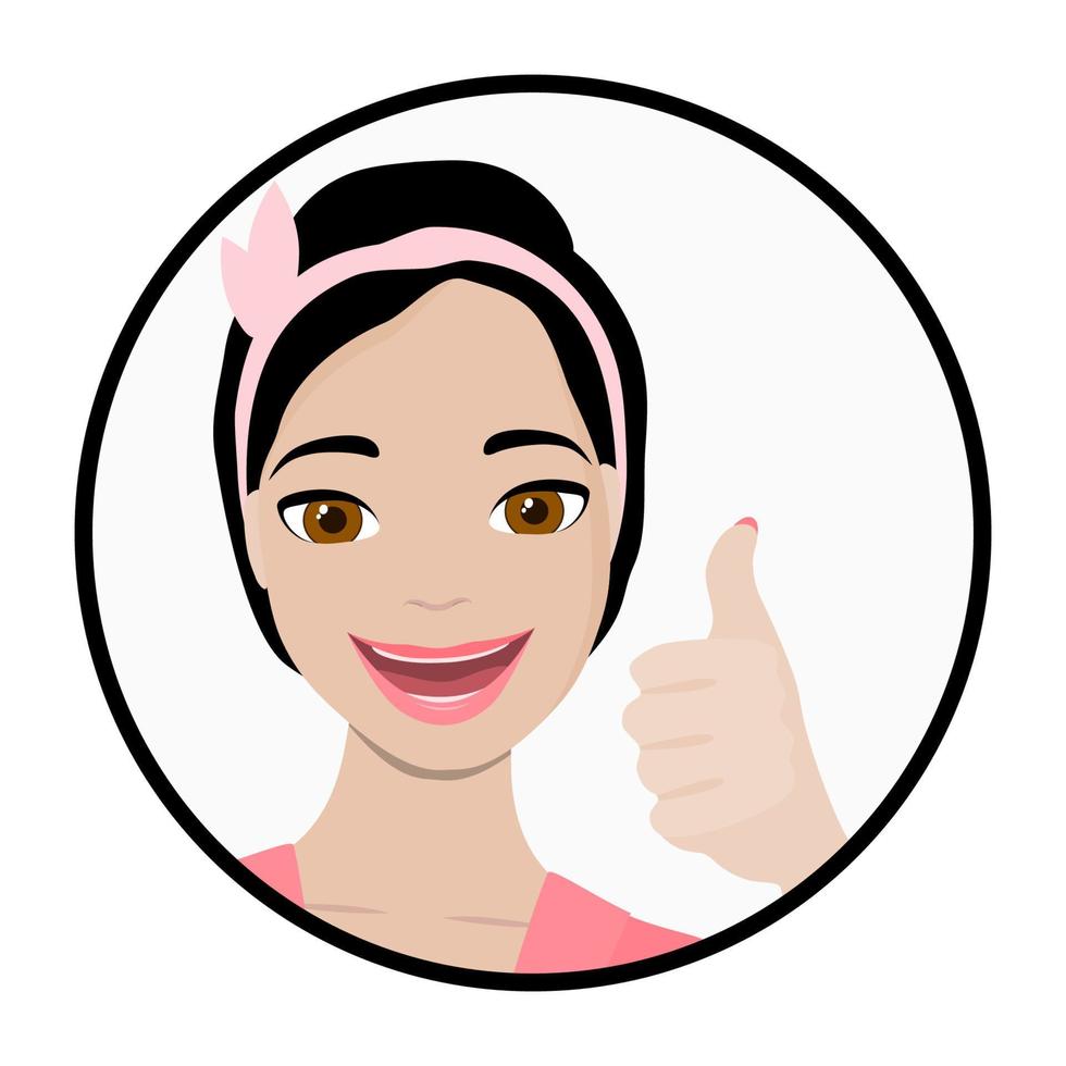 Like, cartoon friendly brunette woman gesturing like, smiling girl is showing thumbs up. vector