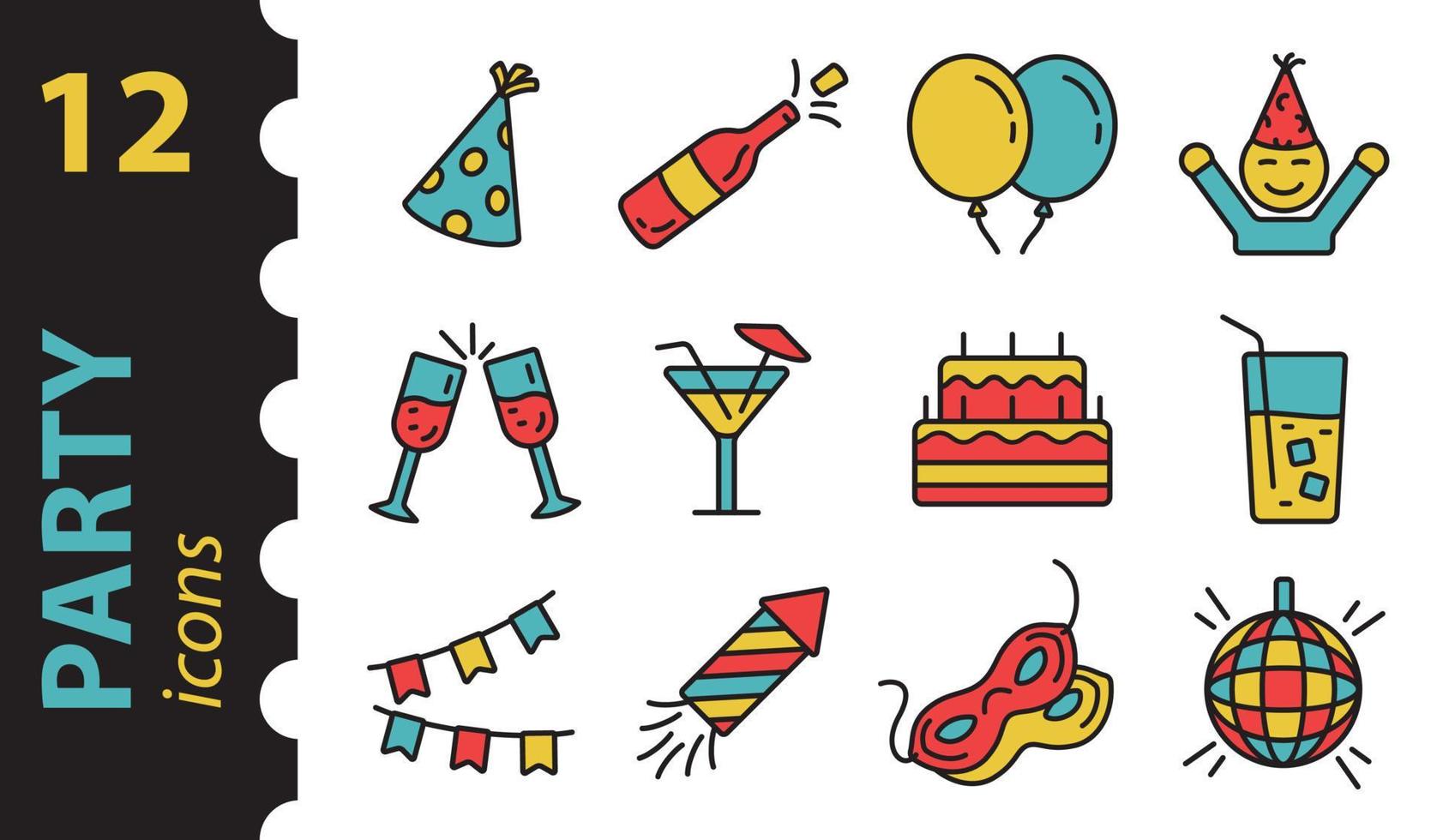 Celebration Party icon set in color. Outline vector illustration, linear symbol holiday. Flat modern style.