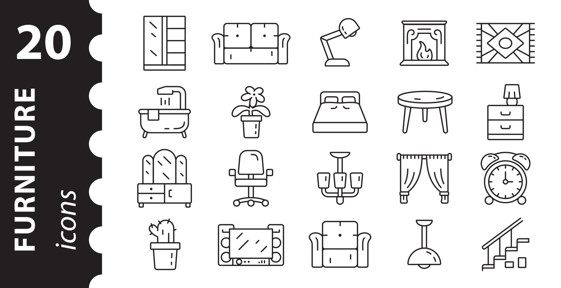 Furniture icon set and home decor. Pictogram in linear style ...