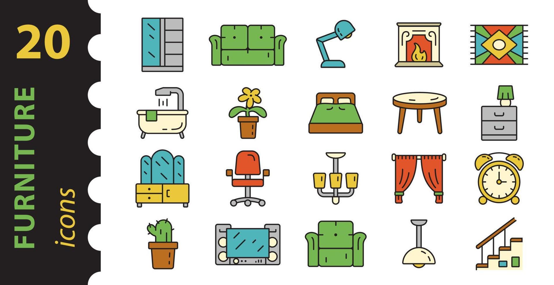 Furniture icon set and home decor in color. Pictogram in linear style. vector