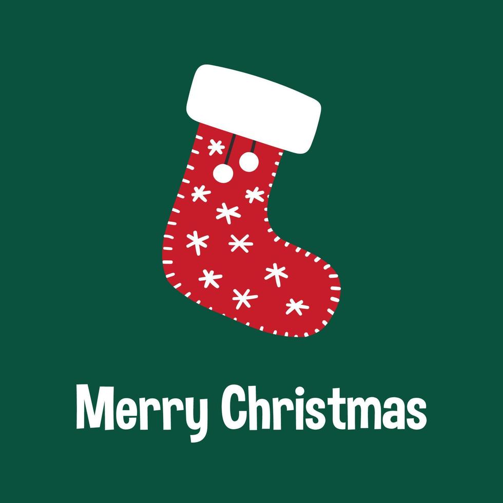 Christmas greeting card with cute sock on dark green background vector