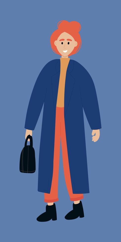 Young girl with a bun in a coat and jeans on a neutral background vector