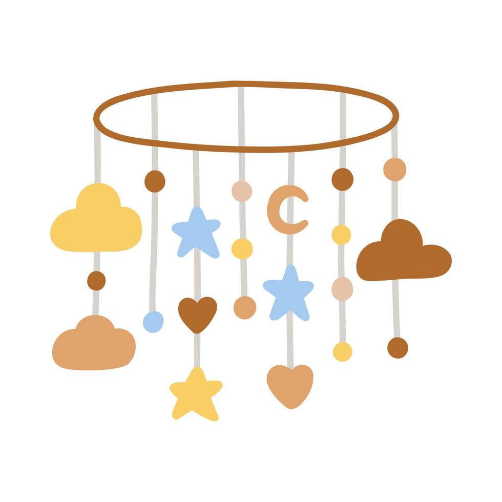 Cute multi-colored carousel mobile for baby cot in hand-drawn boho style vector