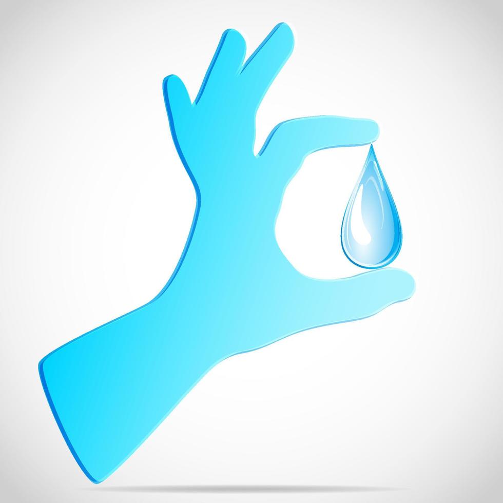 A blue clean glove holds a clean drop of water. Clean vector icon illustration on a white background. Sign abstract symbol.