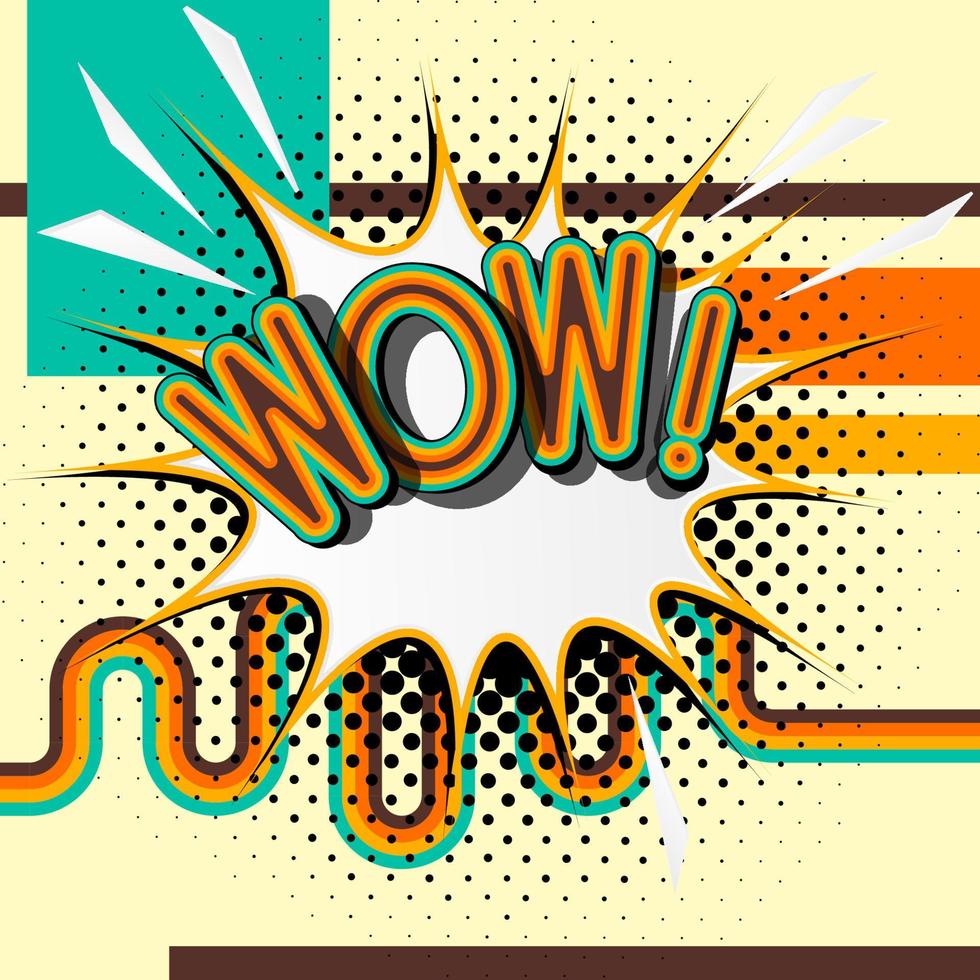 WOW - retro lettering with shadows, halftone pattern on retro poster  background. Vector bright illustration in vintage pop art style.