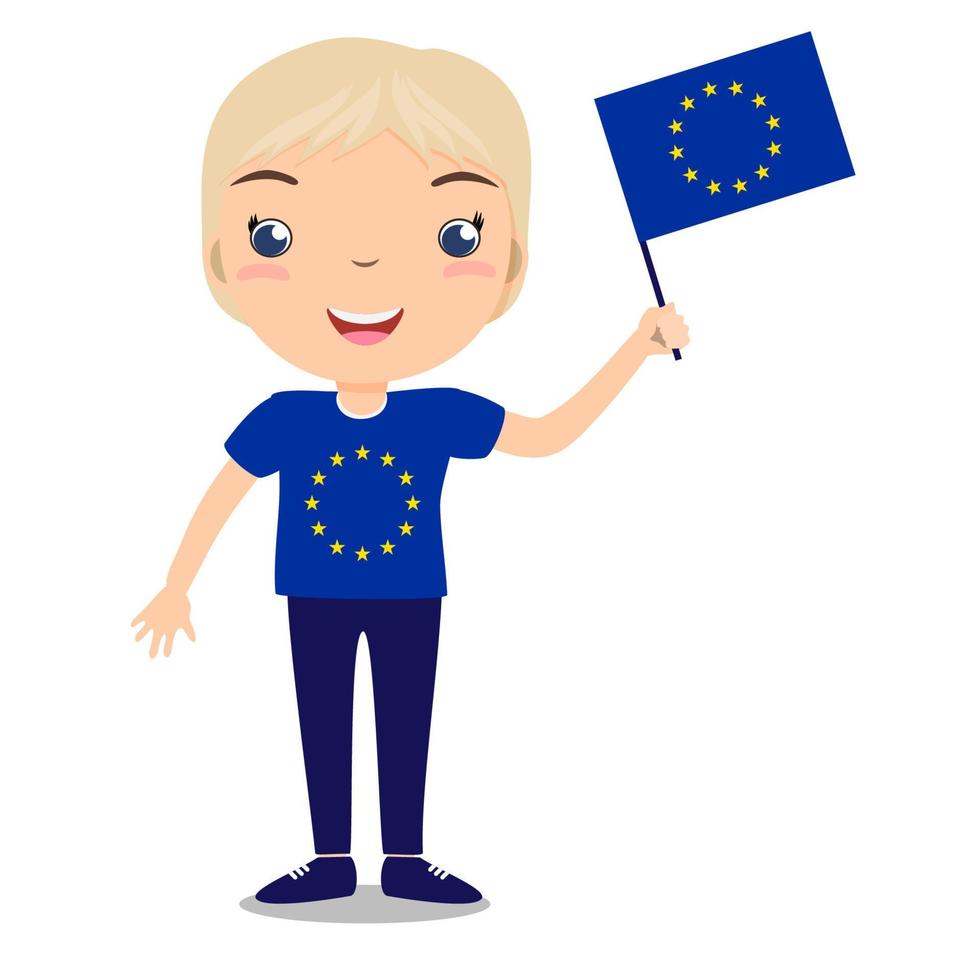 Smiling child, boy, holding a European Union flag isolated on white background. Vector cartoon mascot. Holiday illustration to the Day of the country, Independence Day, Flag Day.