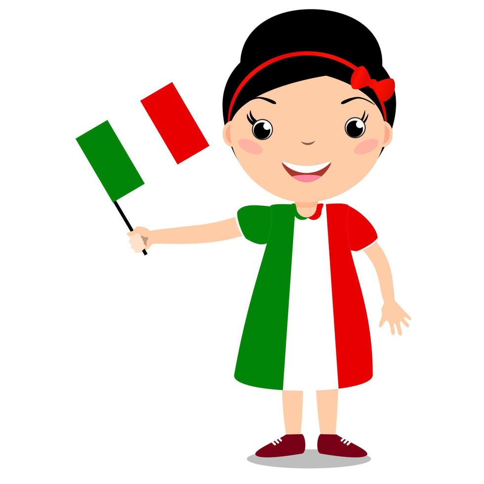 niño sonriente, niña, sosteniendo una bandera de italia aislada sobre fondo  blanco. mascota de dibujos animados