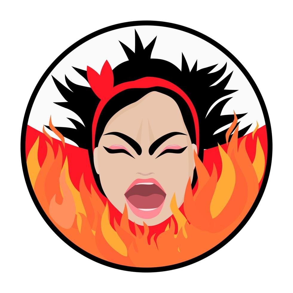 Grr, cartoon brunette woman knitted her brows, closed her eyes, opened her mouth wide, screams with anger and rage, shaggy angry fury girl on fire of annoyance. vector