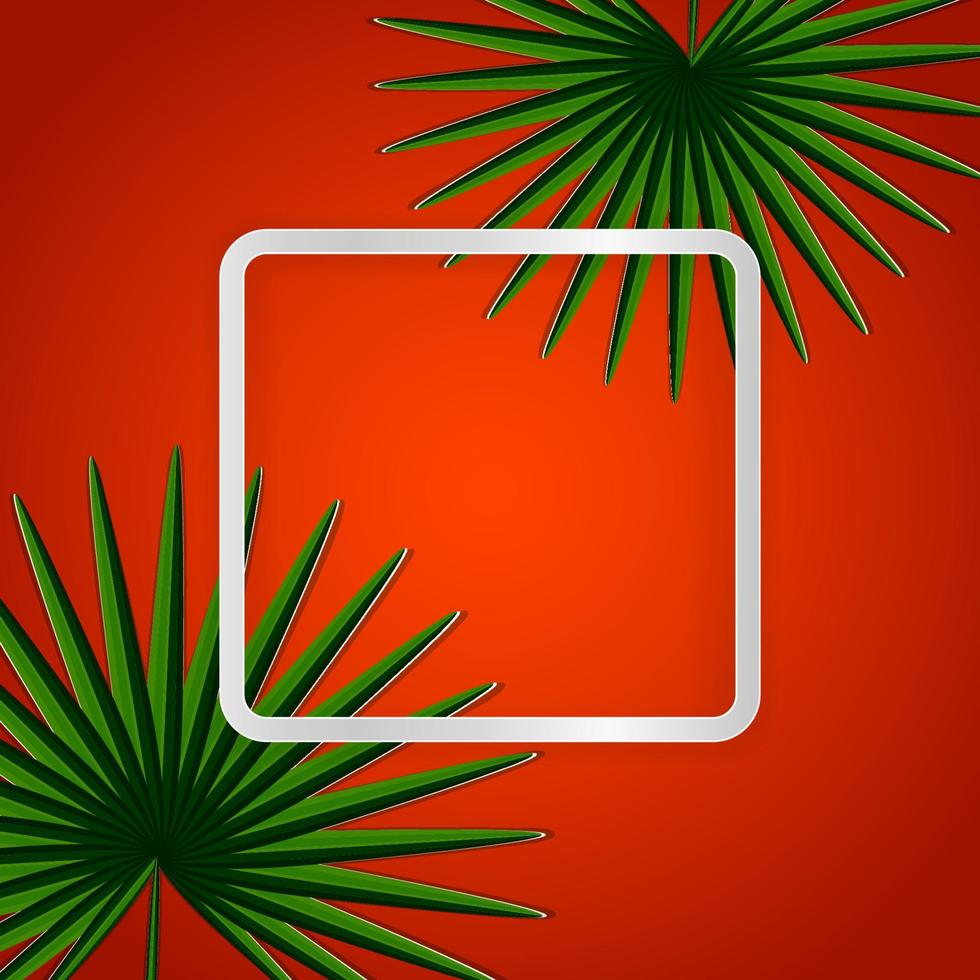 tarjeta de vacaciones caliente. hojas de papel tropical verde en un marco de luz cuadrado para su texto. fondo naranja brillante. plantilla vectorial eps10. vector