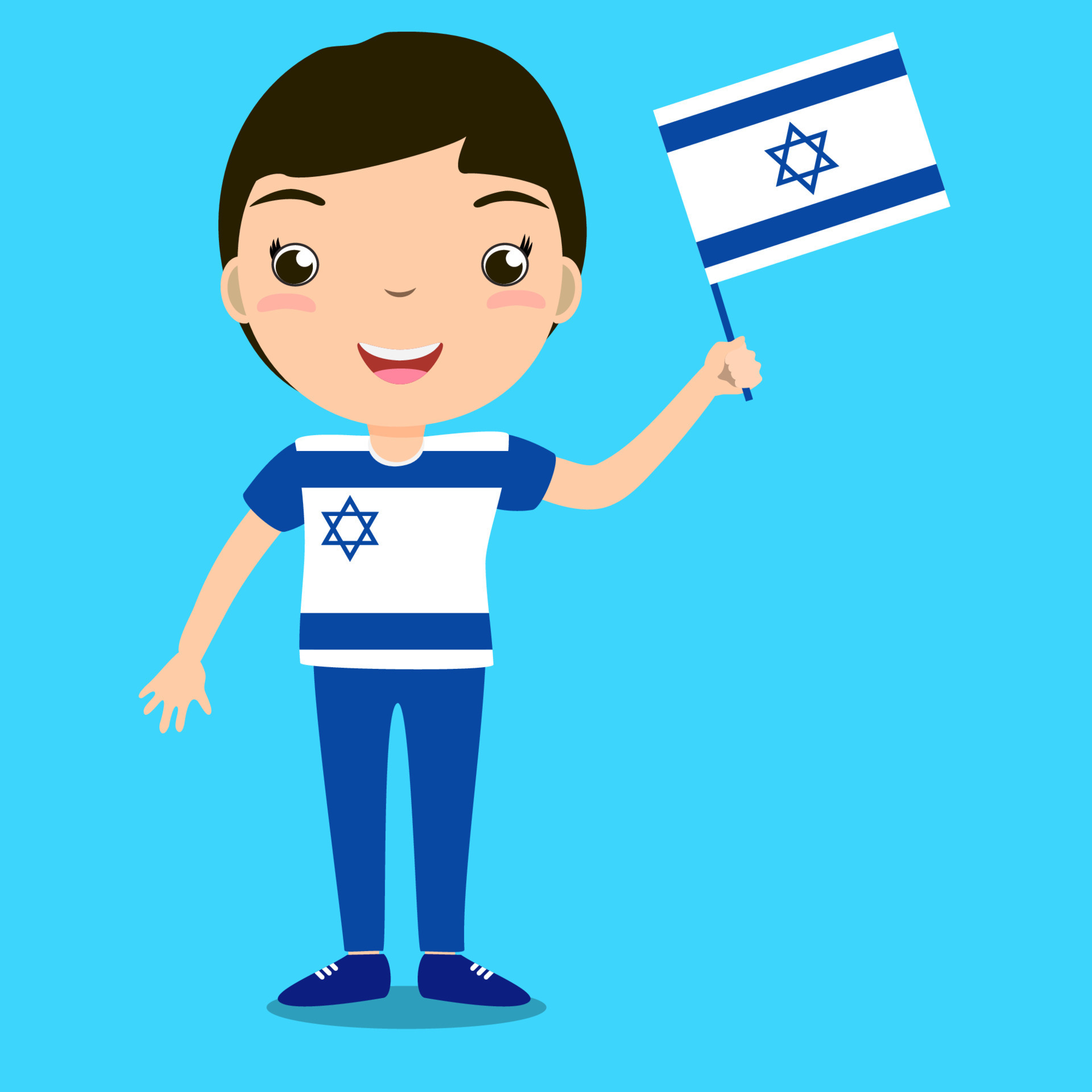 Smiling child, boy, holding a Israel flag isolated on blue background ...