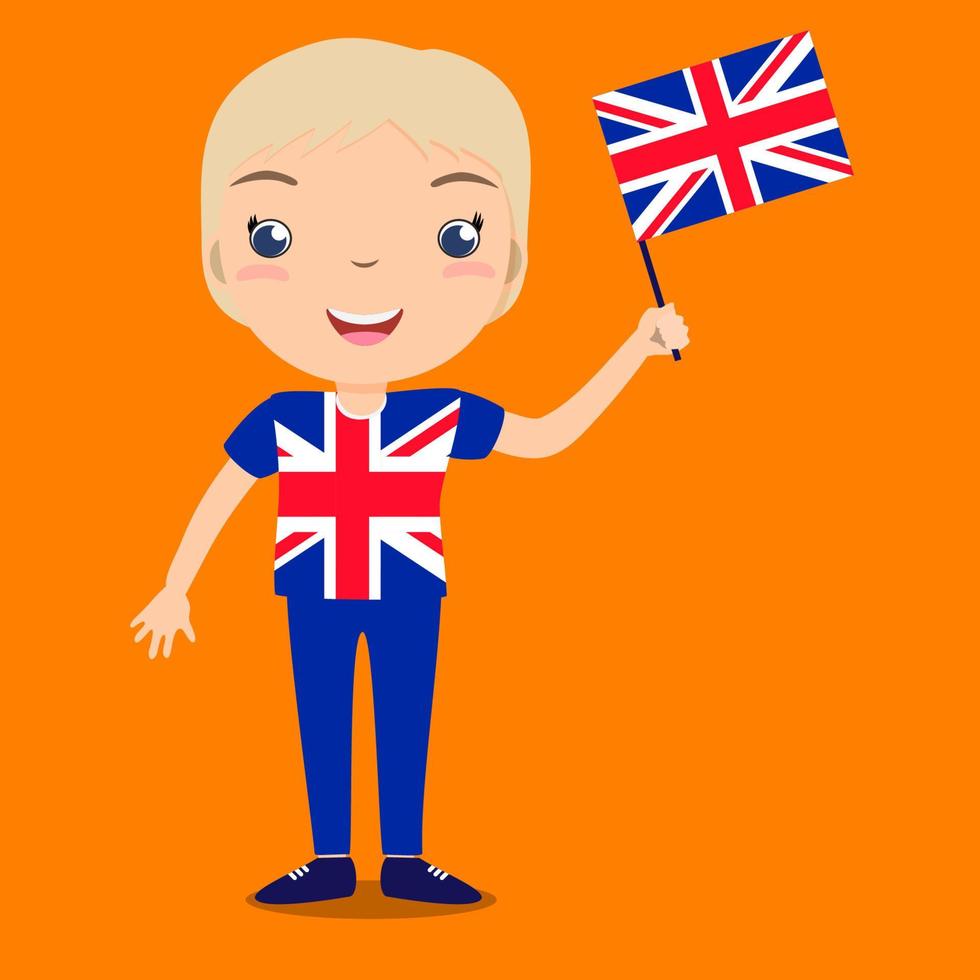 Smiling child, girl, holding a Great Britain flag isolated on orange background. Vector cartoon mascot. Holiday illustration to the Day of the country, Independence Day, Flag Day.