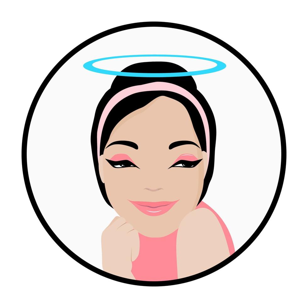 Well done, cartoon friendly brunette woman with halo over head is happy, smiling angel girl flirts cute. vector