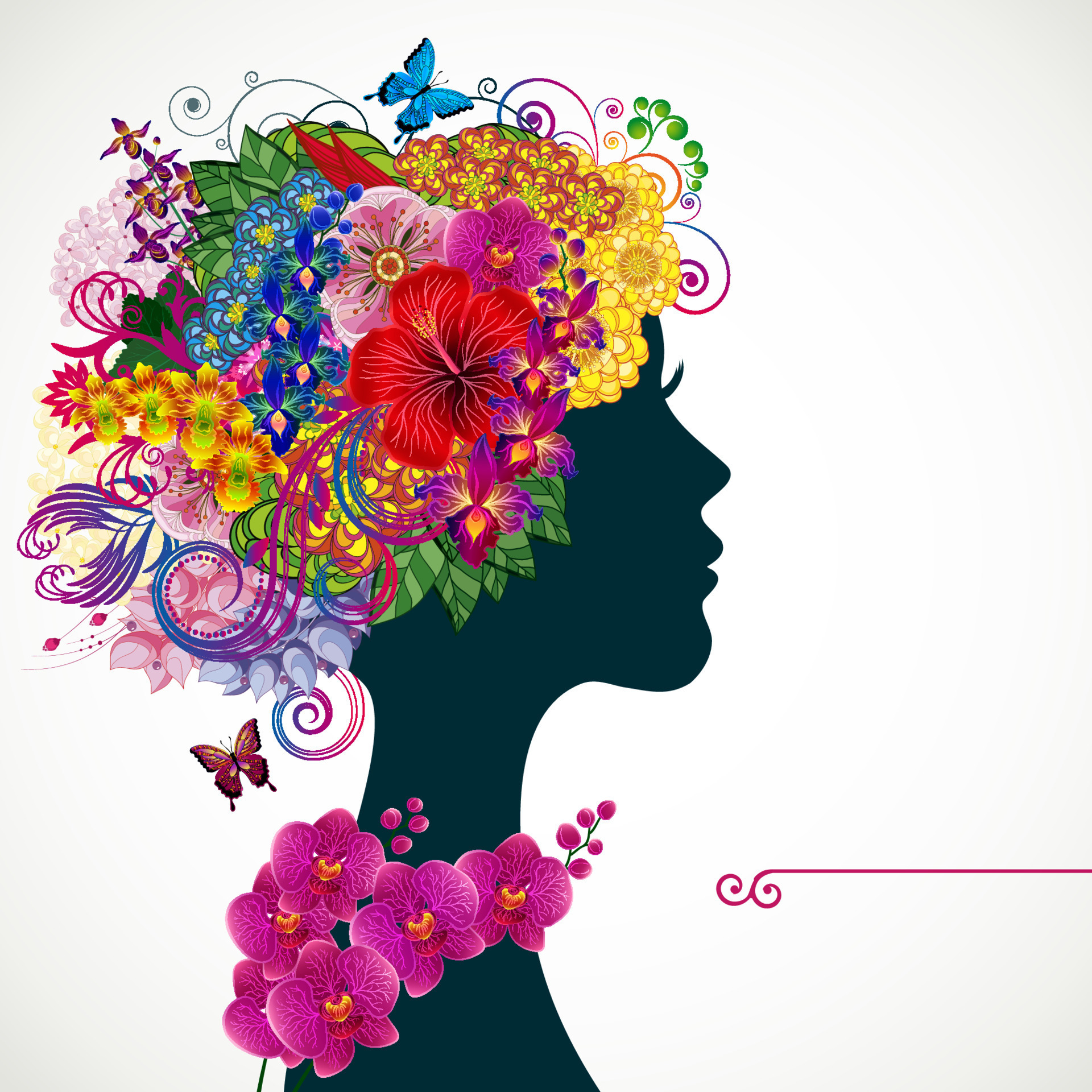 Beautiful young woman with tropicl flowers in heir hair. Vector ...