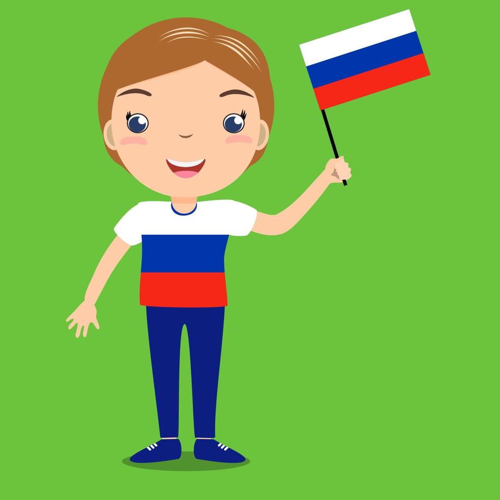 Smiling child, boy, holding a russian flag isolated on green background. Vector cartoon mascot. Holiday illustration to the Day of the country, Independence Day, Flag Day.