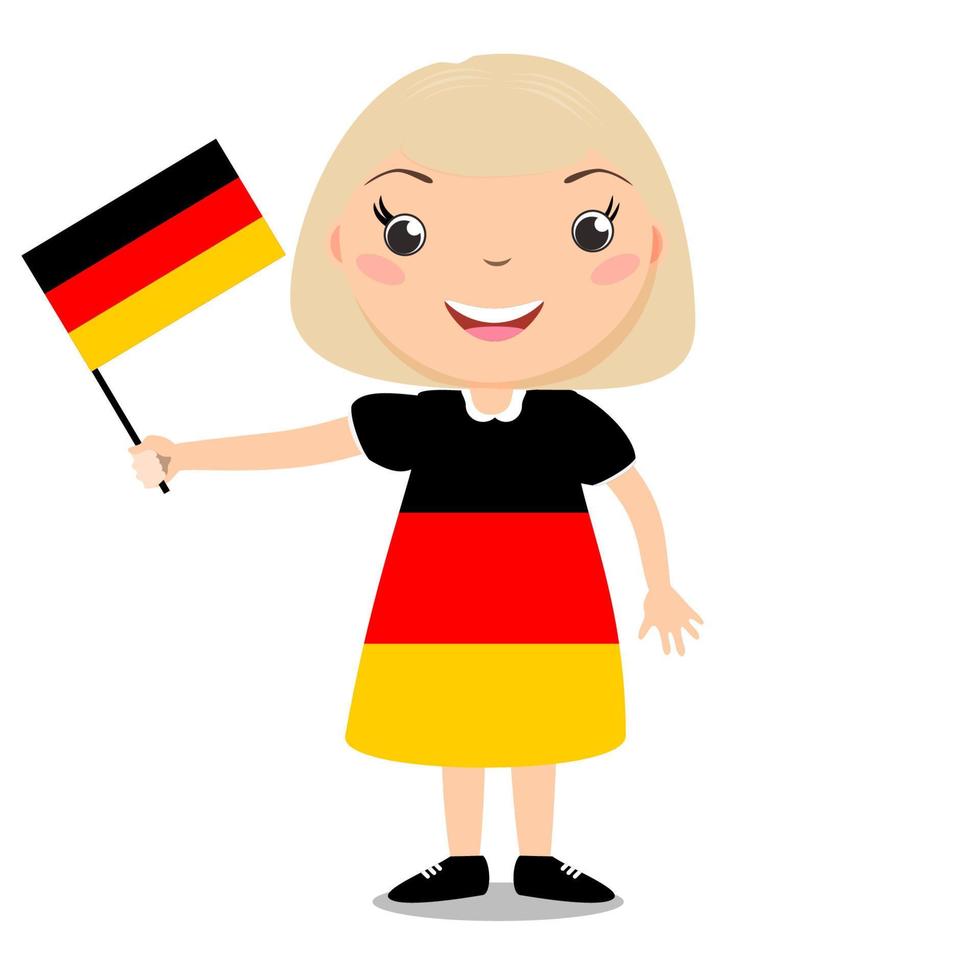 Smiling child, girl, holding a Germany flag isolated on white background. Vector cartoon mascot. Holiday illustration to the Day of the country, Independence Day, Flag Day.