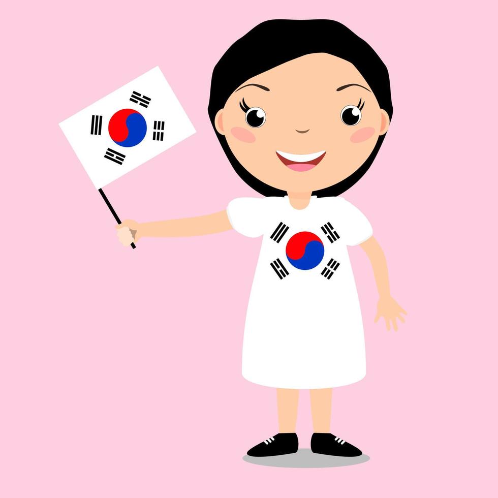 Smiling child, girl, holding a South Korea flag isolated on white background. Vector cartoon mascot. Holiday illustration to the Day of the country, Independence Day, Flag Day.