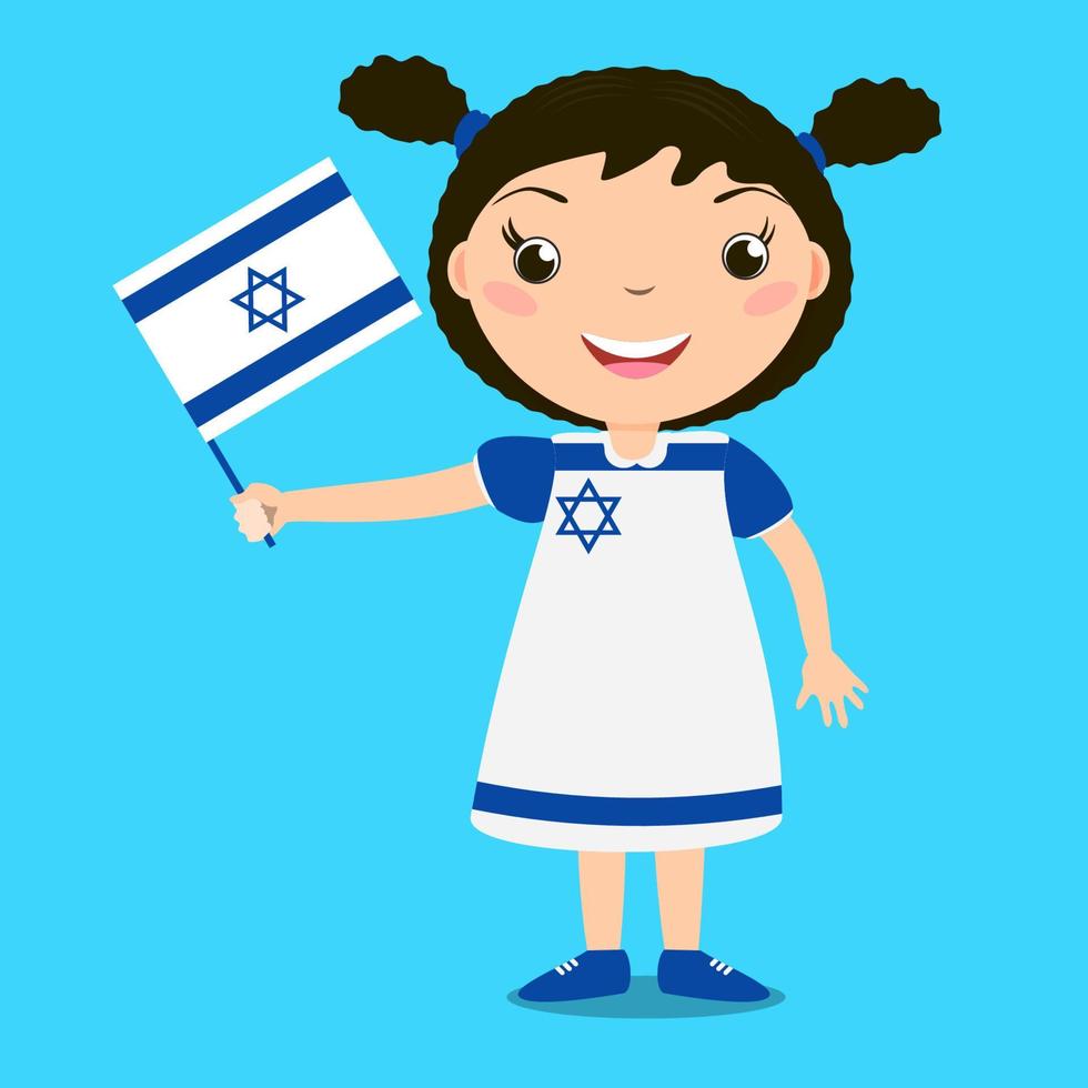 Smiling child, girl, holding a Israel flag isolated on blue background. Vector cartoon mascot. Holiday illustration to the Day of the country, Independence Day, Flag Day.