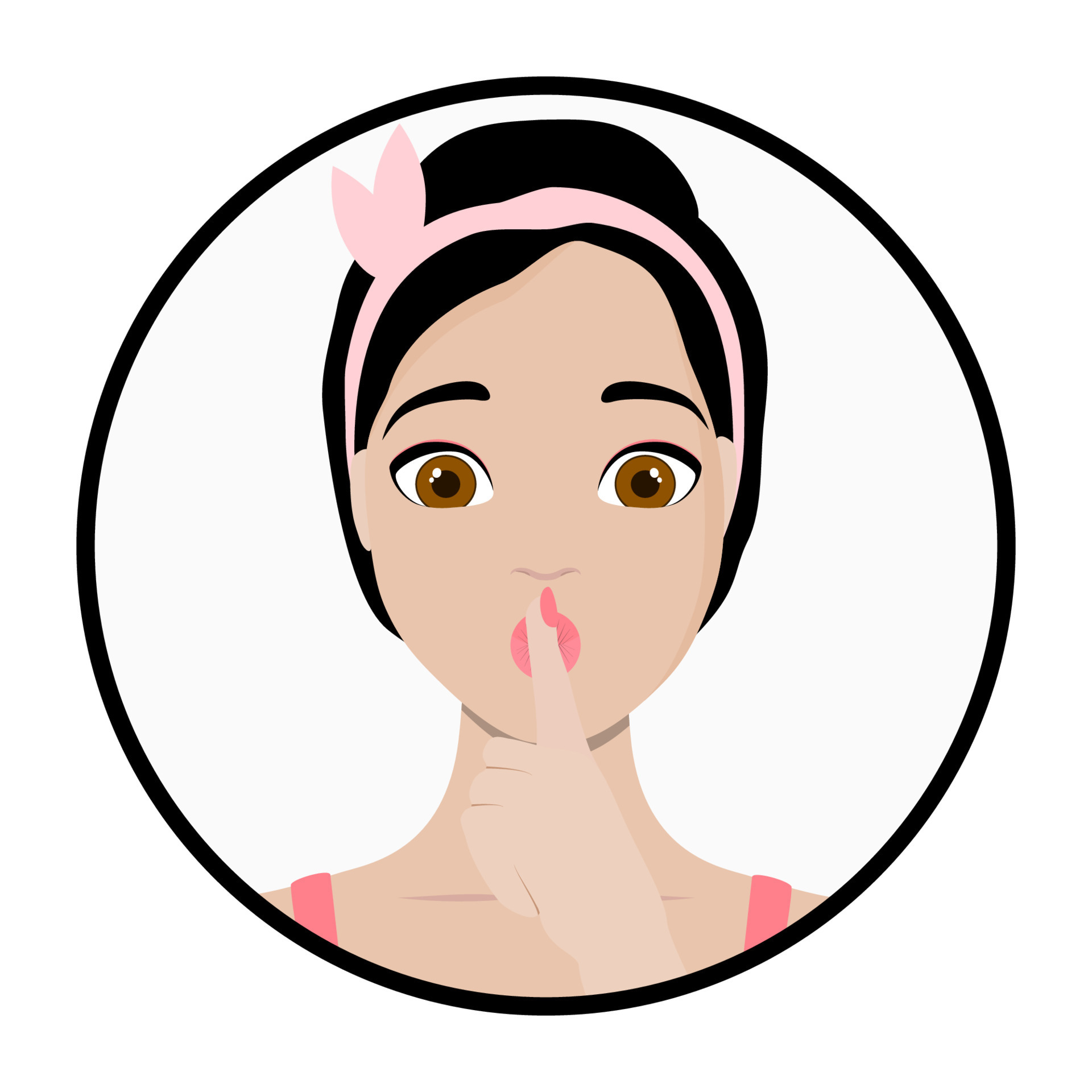 Shh, cartoon cute brunette woman with wide eyes presses a his index finger  to his lips, pretty girl scared, asks for silence. 8469010 Vector Art at  Vecteezy