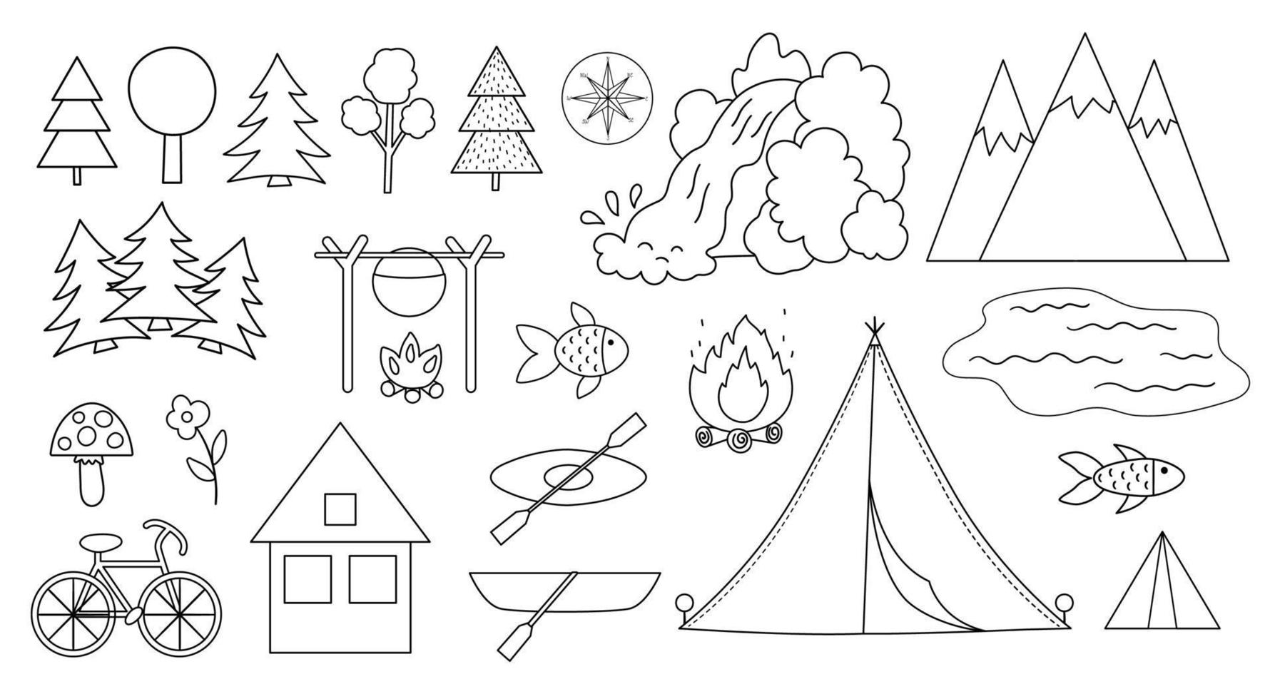 conjunto de campamento de verano vectorial en blanco y negro. bosque, bosque, colección de elementos de la naturaleza. El turismo activo al aire libre y los íconos del contorno del deporte se empaquetan con árboles, cascadas, botes, bicicletas, fogatas, carpas, montañas. vector