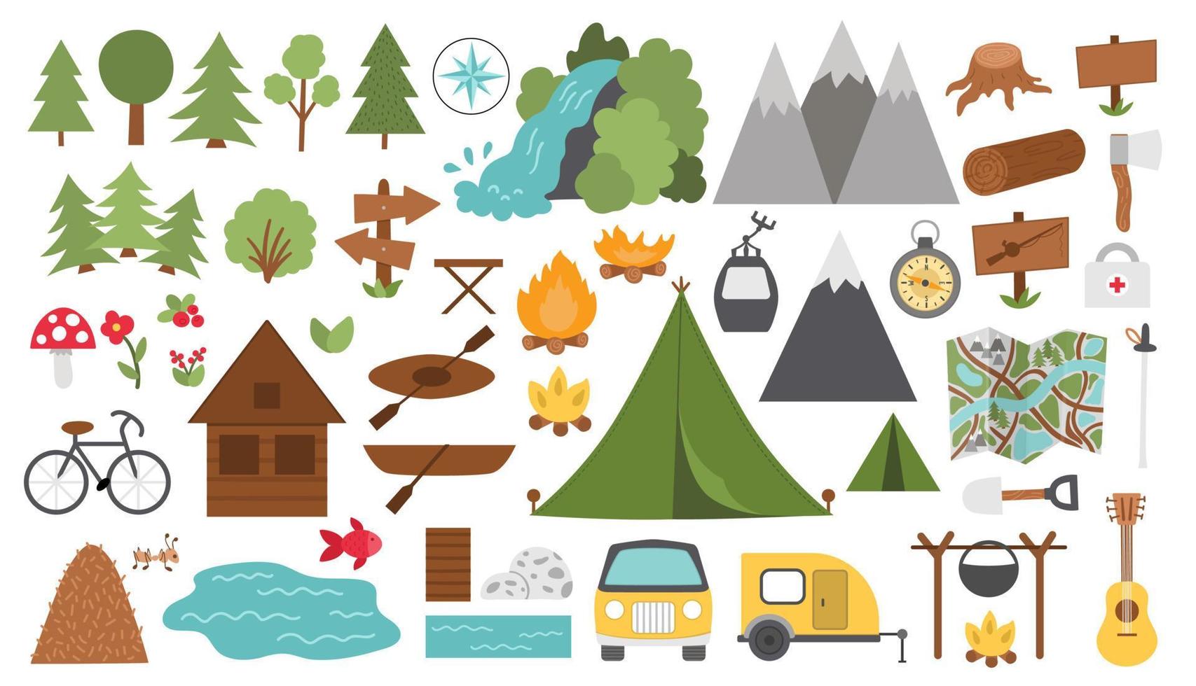 Vector summer camp cute kawaii stickers set. Camping, hiking, fishing  equipment patches collection. Outdoor nature tourism icons pack with  backpack, van, tent. Forest travel patches . Stock Vector