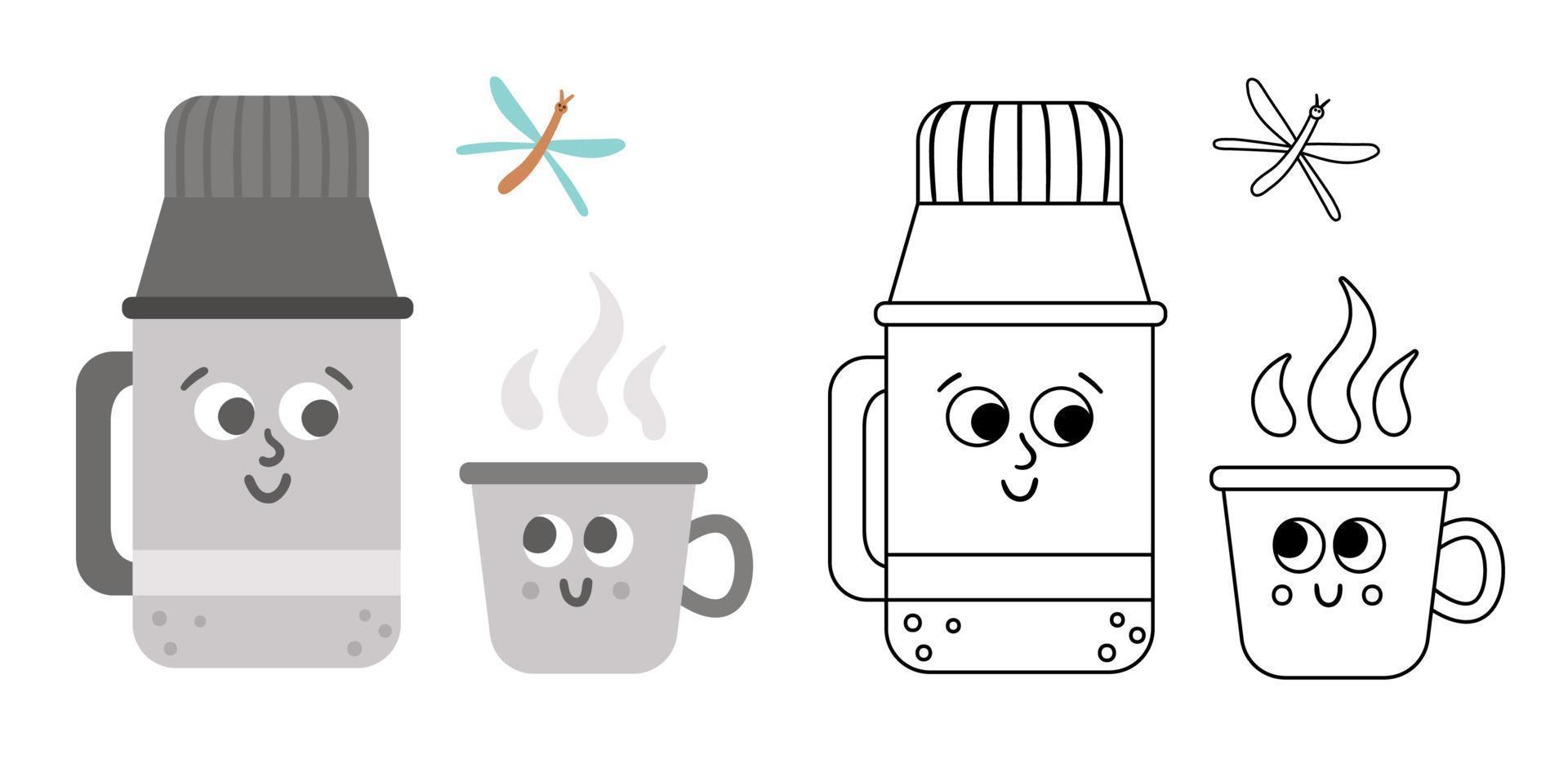 Vector kawaii thermos bottle and cup colored and black and white  illustration. Winter or camping traditional warming drink. Hiking hot  beverage or tea flask icon. Cute coloring page 8469099 Vector Art at