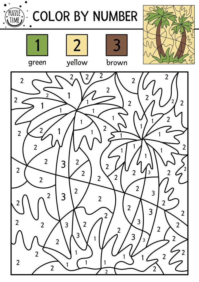 Vector tropical color by number activity with palm tree. Summer coloring and counting game with cute exotic. Funny jungle coloration page or printable worksheet for kids.