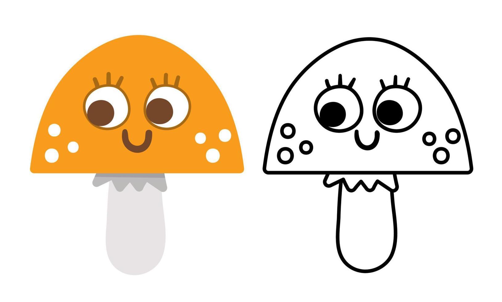 vector lindo kawaii sonriente hongo coloreado y blanco y negro ilustración. planta de estilo plano y de línea de otoño. gorro de muerte divertido o toadstool aislado sobre fondo blanco. linda página para colorear