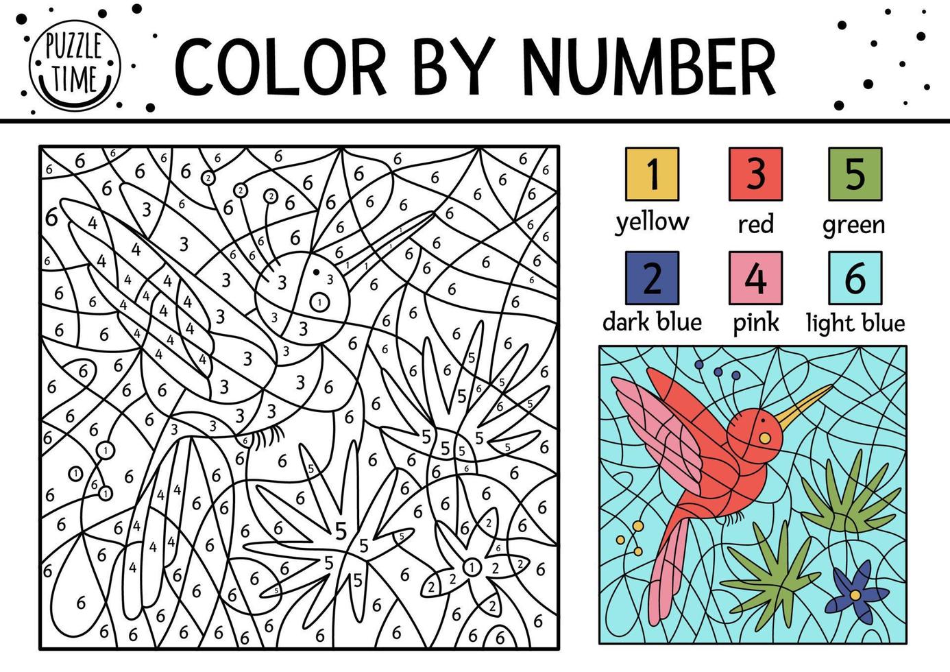 Vector tropical color by number activity with paradise bird, palm tree  leaves and flower. Summer coloring and counting game with cute animal.  Funny exotic coloration page for kids. 8469111 Vector Art at