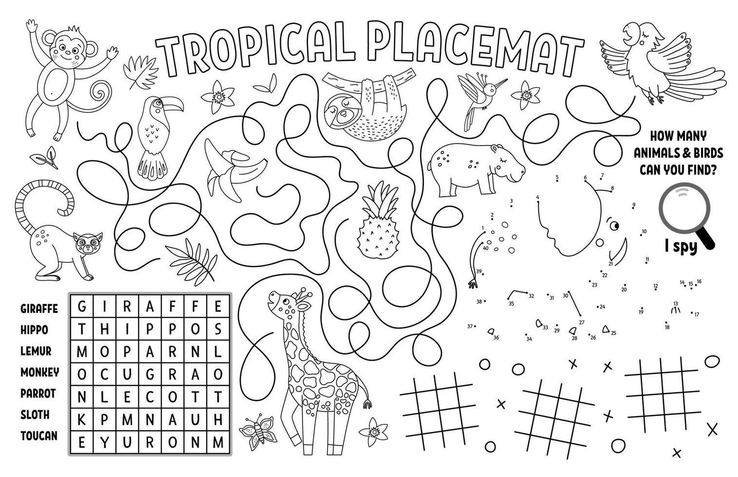 Vector tropical placemat for kids. Exotic summer printable activity mat with wordsearch, dot-to-dot, maze, I spy. Black and white play mat or coloring page with cute jungle animals, birds, fruit.