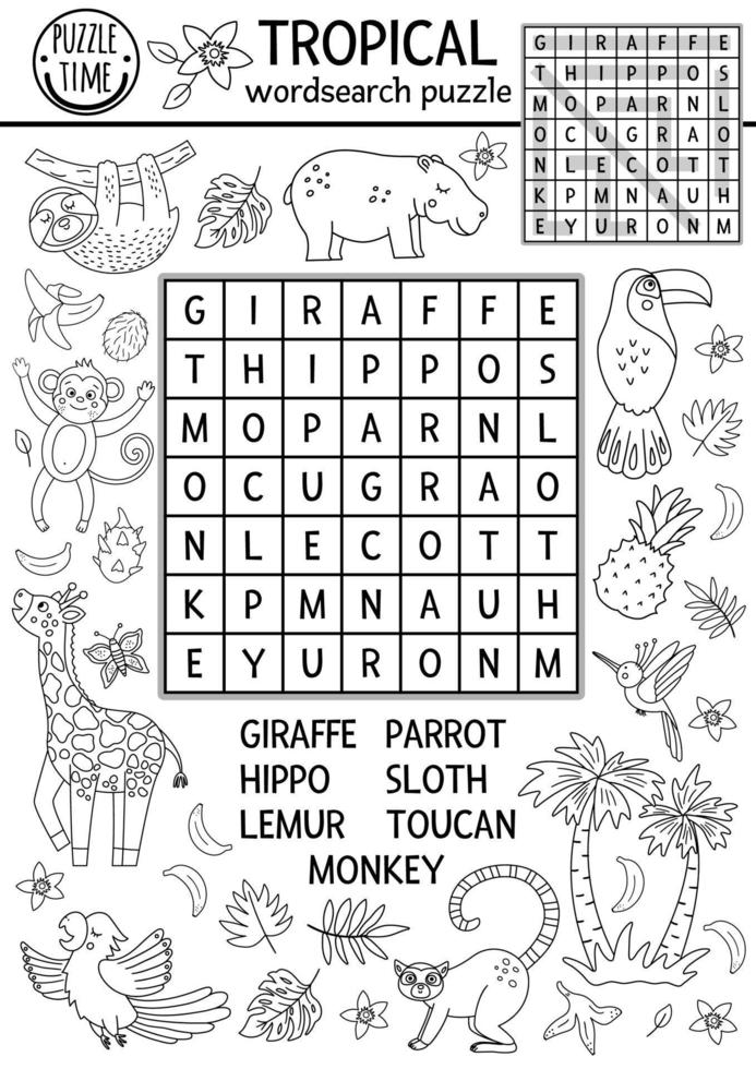 Vector black and white tropical wordsearch puzzle for kids. Simple summer crossword with exotic animals and birds for children. Keyword activity with cute funny giraffe, hippo, parrot, monkey