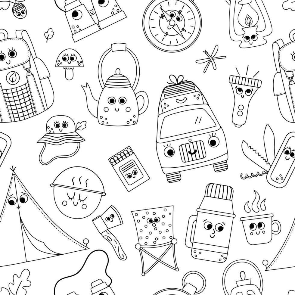 Vector black and white summer camp seamless pattern with cute kawaii stickers. Camping, hiking, fishing equipment repeat background. Outdoor nature tourism line digital paper.