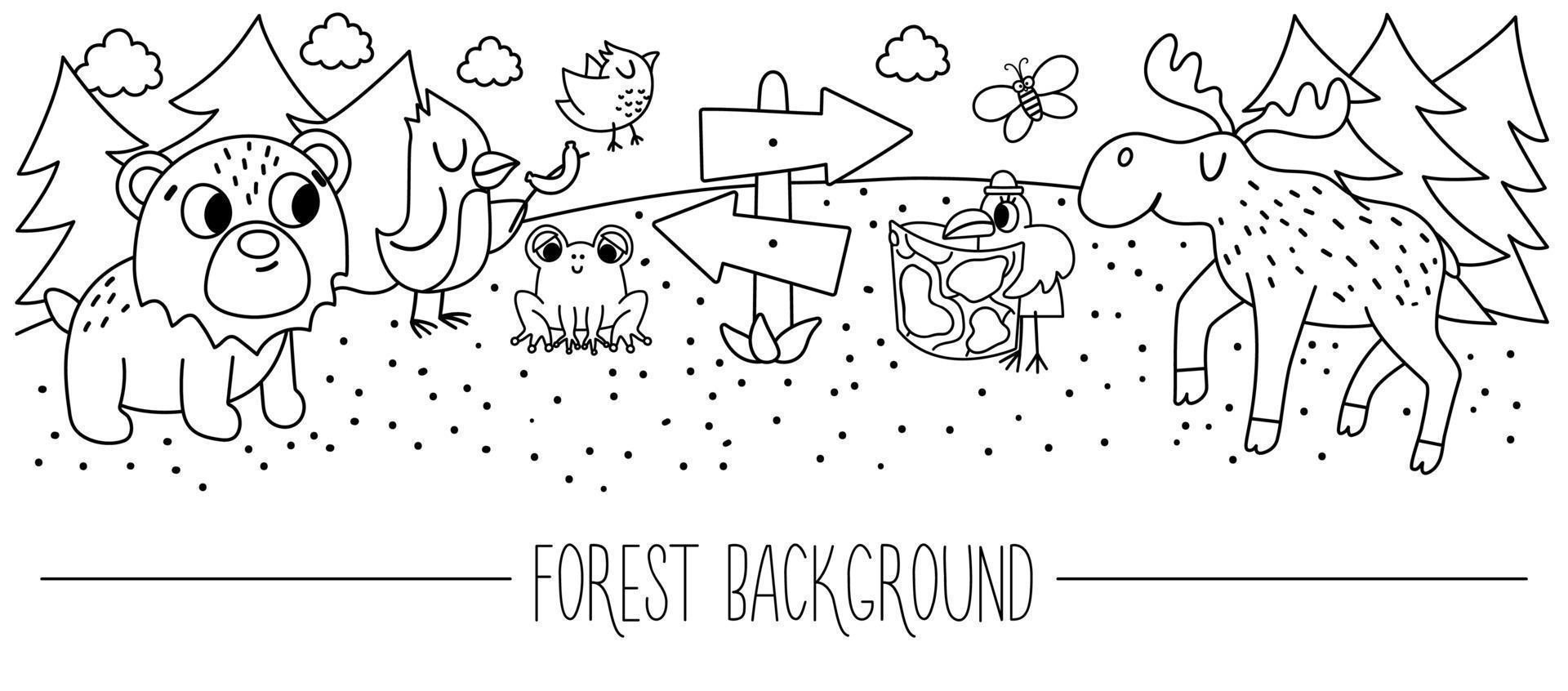 Fondo de bosque de borde horizontal en blanco y negro vectorial. Linda tarjeta de contorno con adorables animales cómicos en el bosque. plantilla de impresión de viaje por carretera de aventura. Marcapáginas línea turismo local activo vector