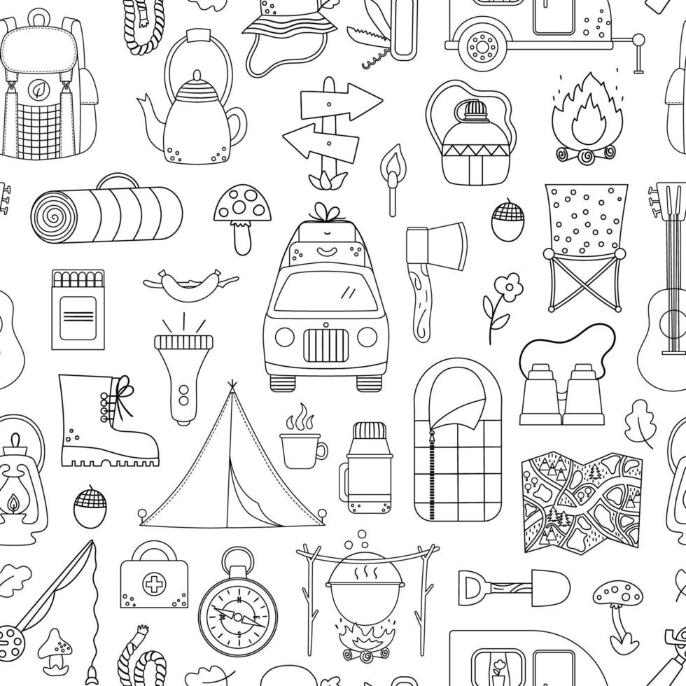 Vector black and white summer camp seamless pattern. Camping, hiking, fishing repeat background. Outdoor nature tourism line digital paper with backpack, van, rod, clothes, fire place.