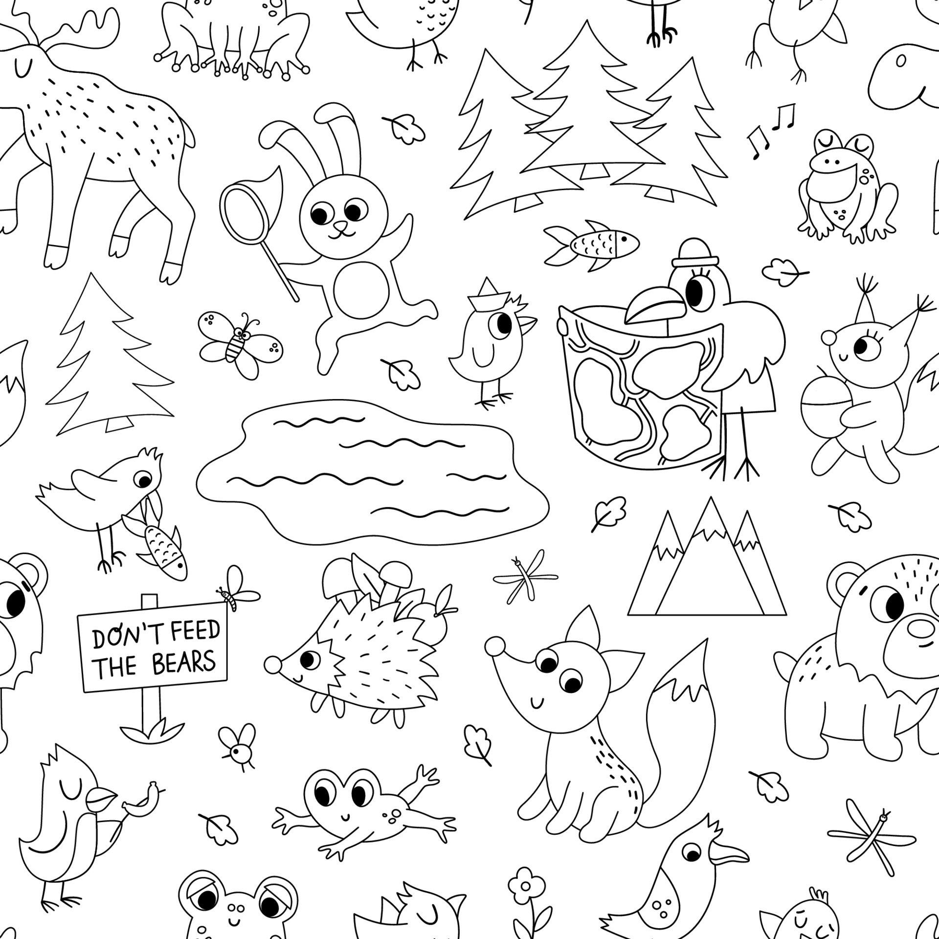 Vector black and white seamless pattern with forest animals, insects and birds. Funny woodland campfire digital paper. Cute forest repeat outline background for kids with mountains, trees 8469122 Vector Art at Vecteezy Vector black and white seamless pattern with forest animals, insects and birds. Funny woodland campfire digital paper. Cute forest repeat outline background for kids with mountains, trees 8469122 Vector Art at Vecteezy