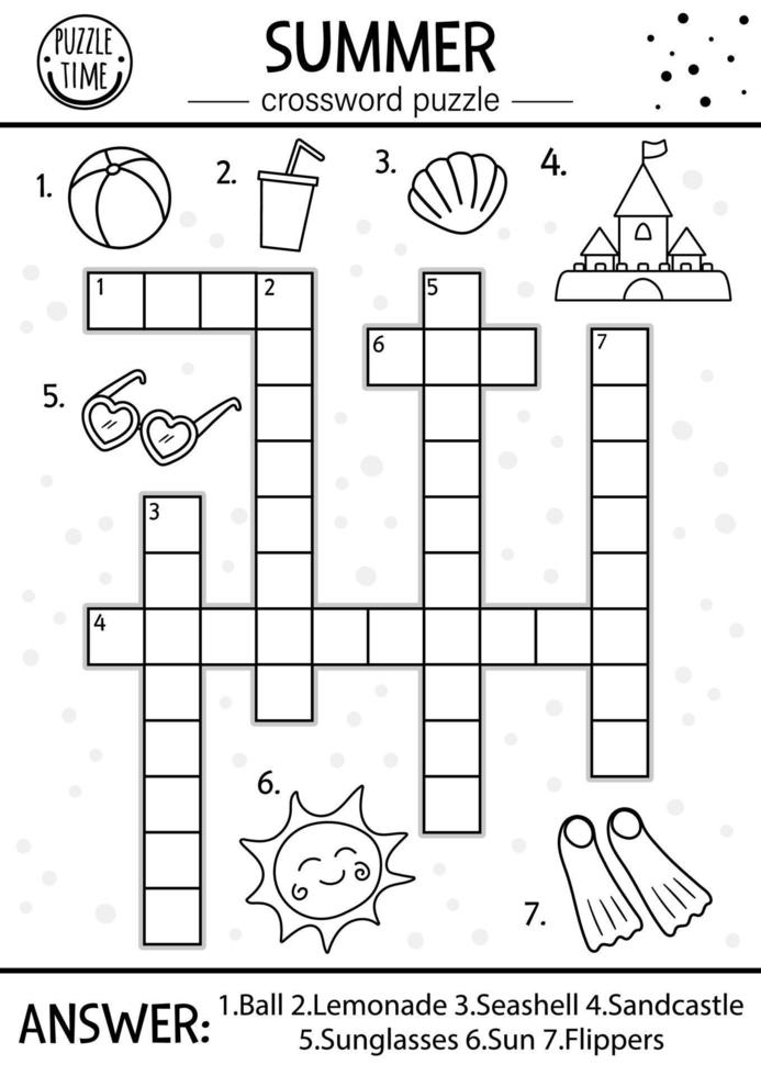 Vector black and white summer crossword puzzle for kids. Simple line quiz with beach objects for children. Educational outline sea vacation activity with cute funny characters