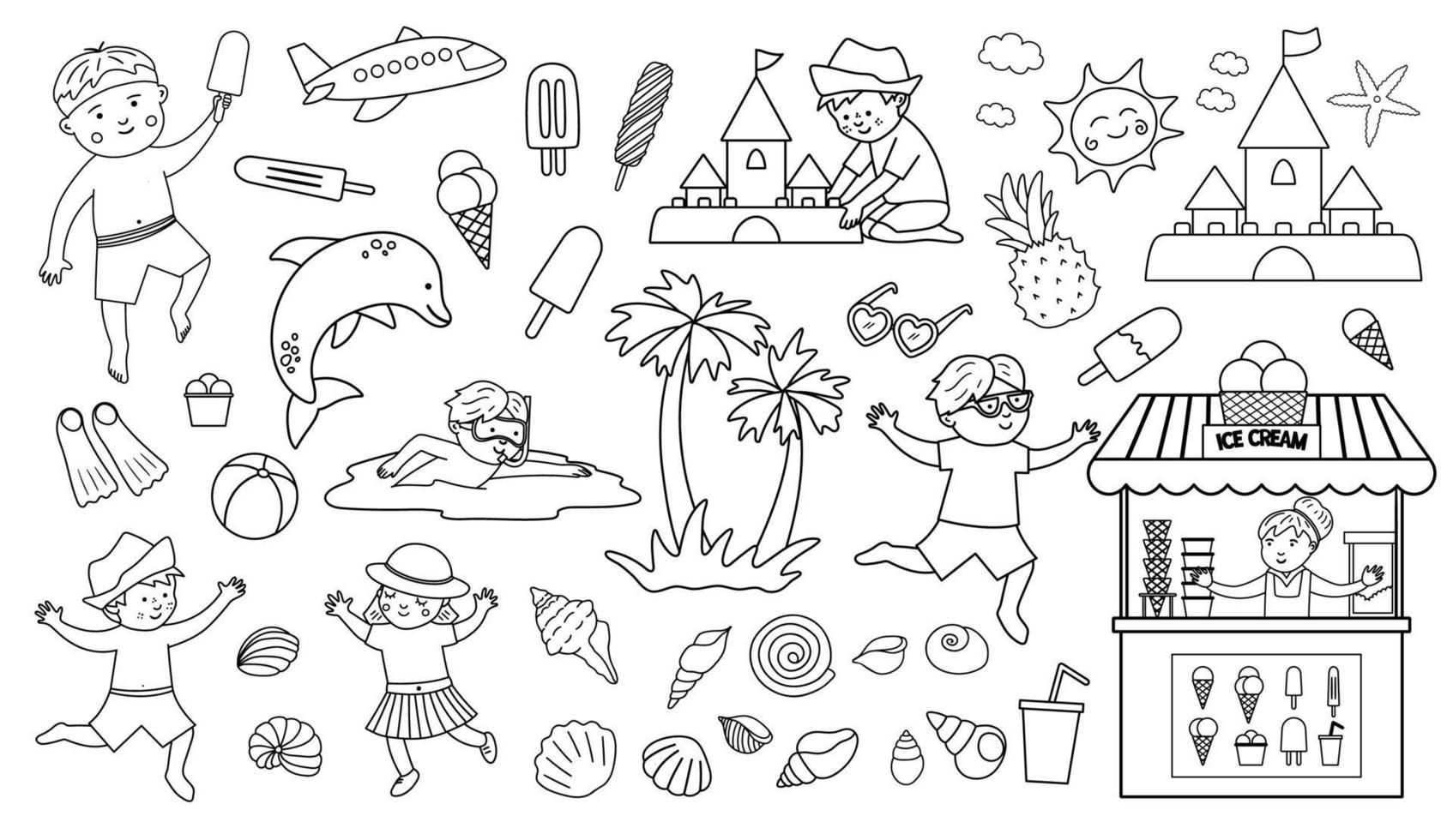 conjunto vectorial con elementos clipart de verano aislados en fondo blanco. linda ilustración de contorno para niños con palmera, avión, gafas de sol, niños haciendo actividades de verano, helado. paquete de vacaciones en la playa vector