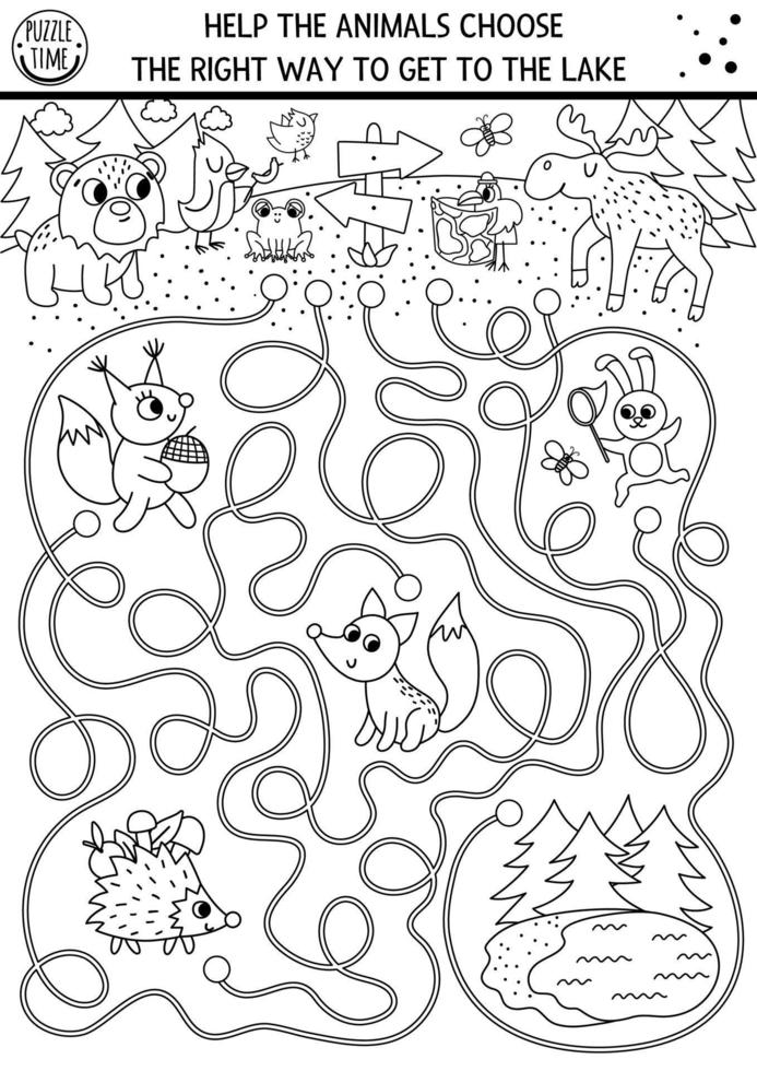 Black and white summer camp maze for children. Active holidays outline preschool printable activity. Family nature trip labyrinth or coloring page with cute woodland animals going to the lake vector