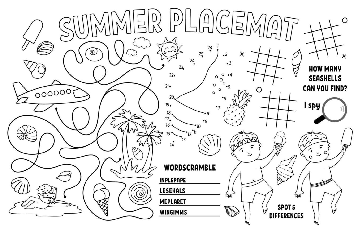 Vector summer placemat for kids. Beach holidays printable activity mat with difference searching, dot-to-dot, maze. Black and white play mat or coloring page with cute children, ice-cream, seashell.