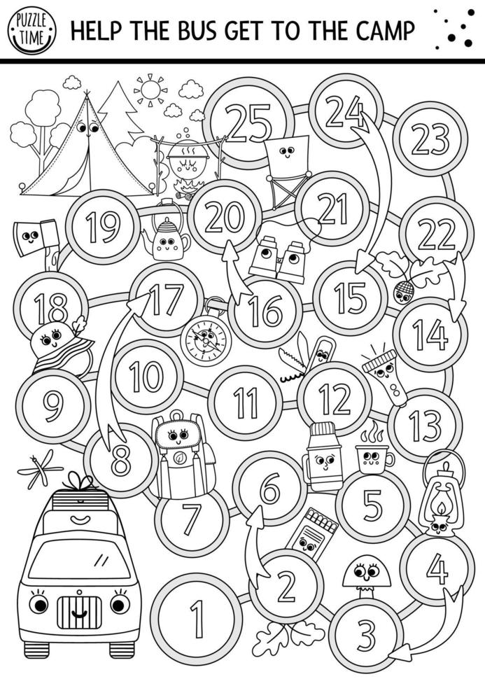 Black and white summer camp dice board game for children with cute kawaii bus and camping equipment. Active holidays outline boardgame. Family trip activity or coloring page vector