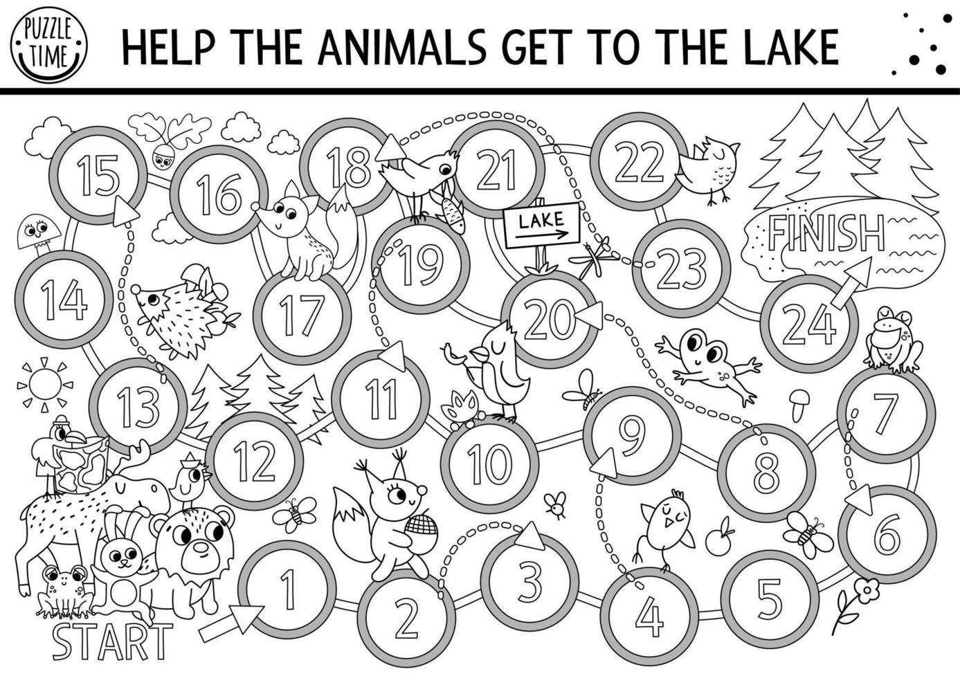 Black and white summer camp dice board game with cute woodland animals. Active holidays outline boardgame with bear, moose going to lake. Family road trip activity or coloring page vector