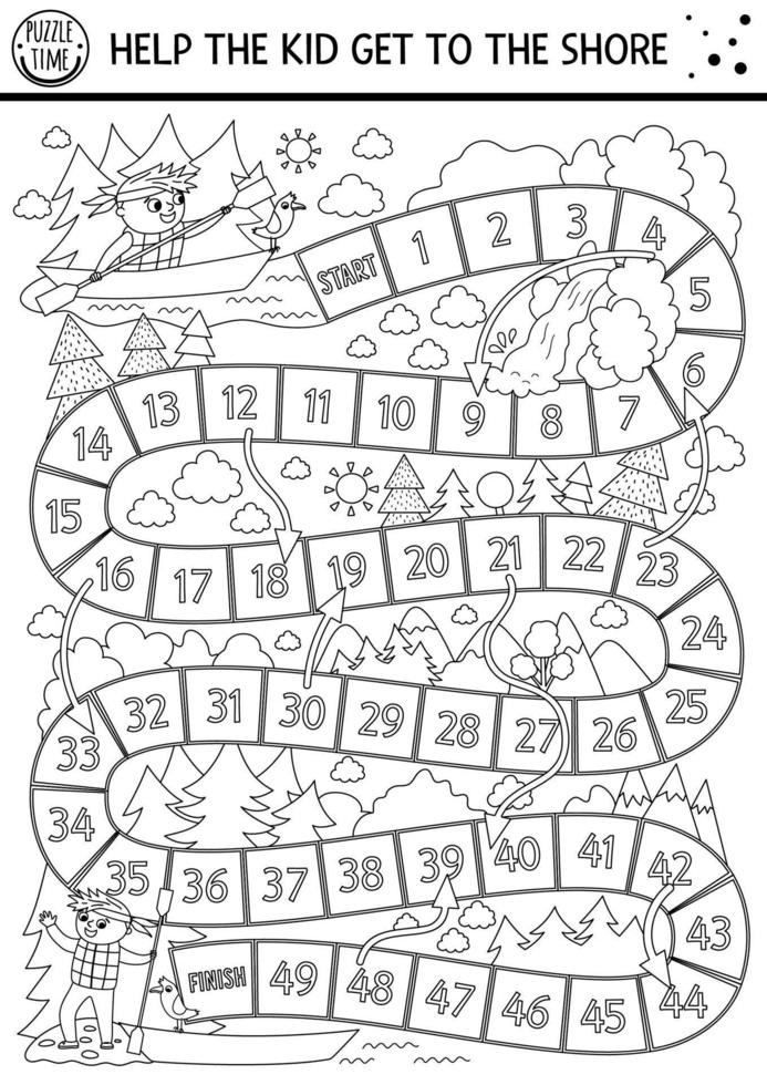 Black and white summer camp dice board game for children with cute rafting kid. Active holidays outline boardgame with boy on boat swimming to the shore. Family road trip activity or coloring page vector