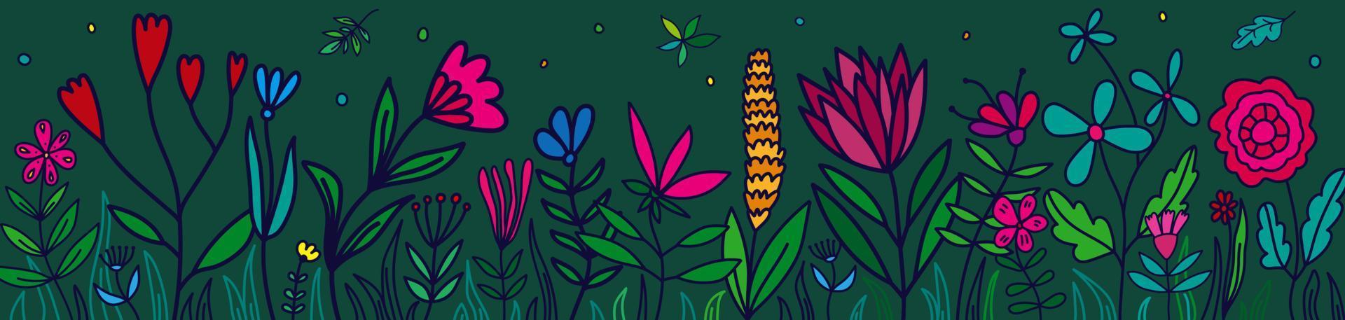 Doodle flowers and leaves horizontal wallpaper. Cute floral summer banner. Botanical backdrop vector
