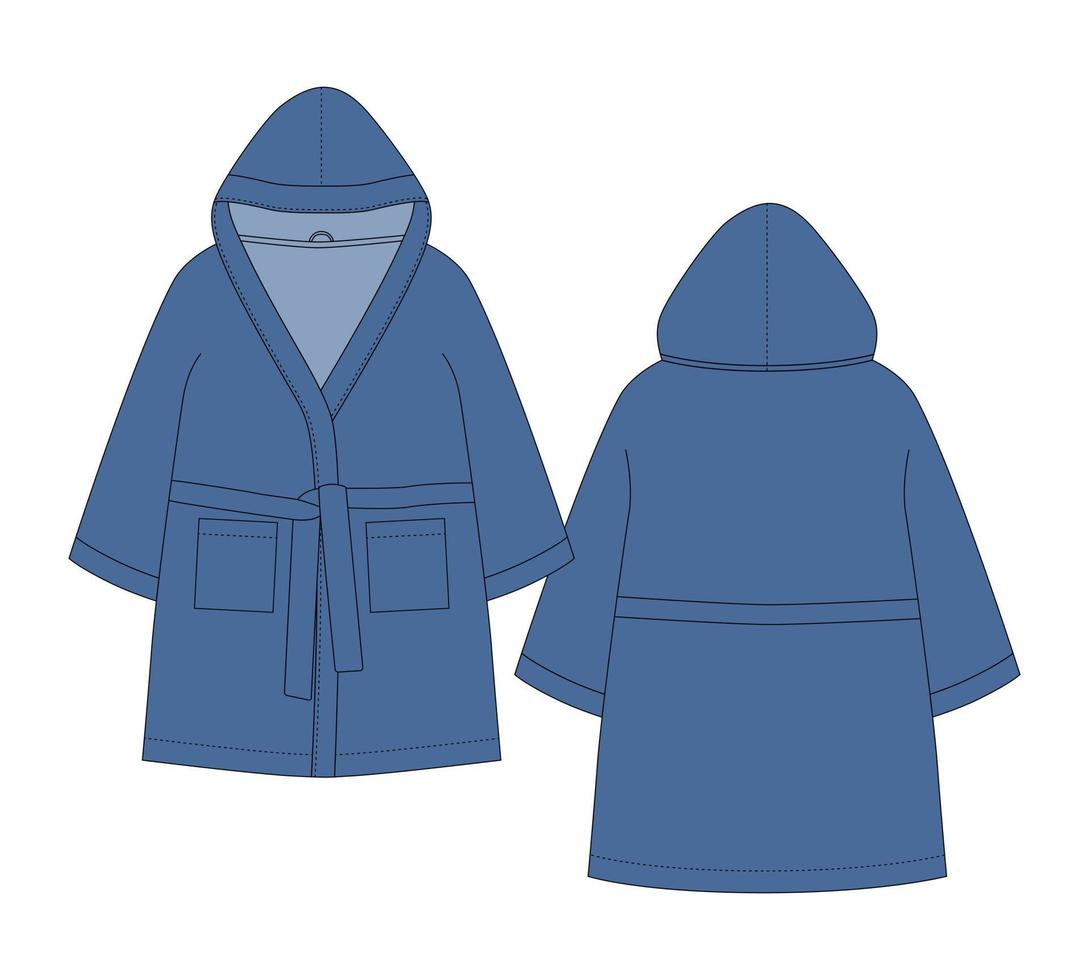 Bathrobe technical sketch. Hooded bathrobe with pocket and belt. Dark blue color. vector