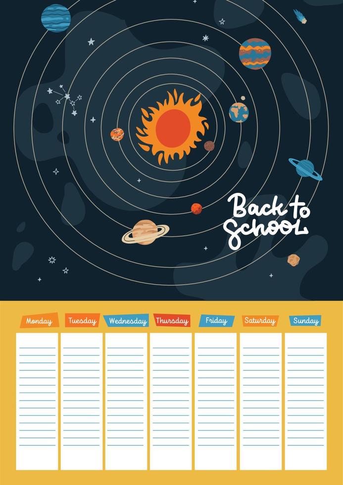 A4 School timetable with Solar system. Galaxy universe weekly planner template. School schedule and time table frames with planets and stars in outer space. Vector flat hand drawn illustration.