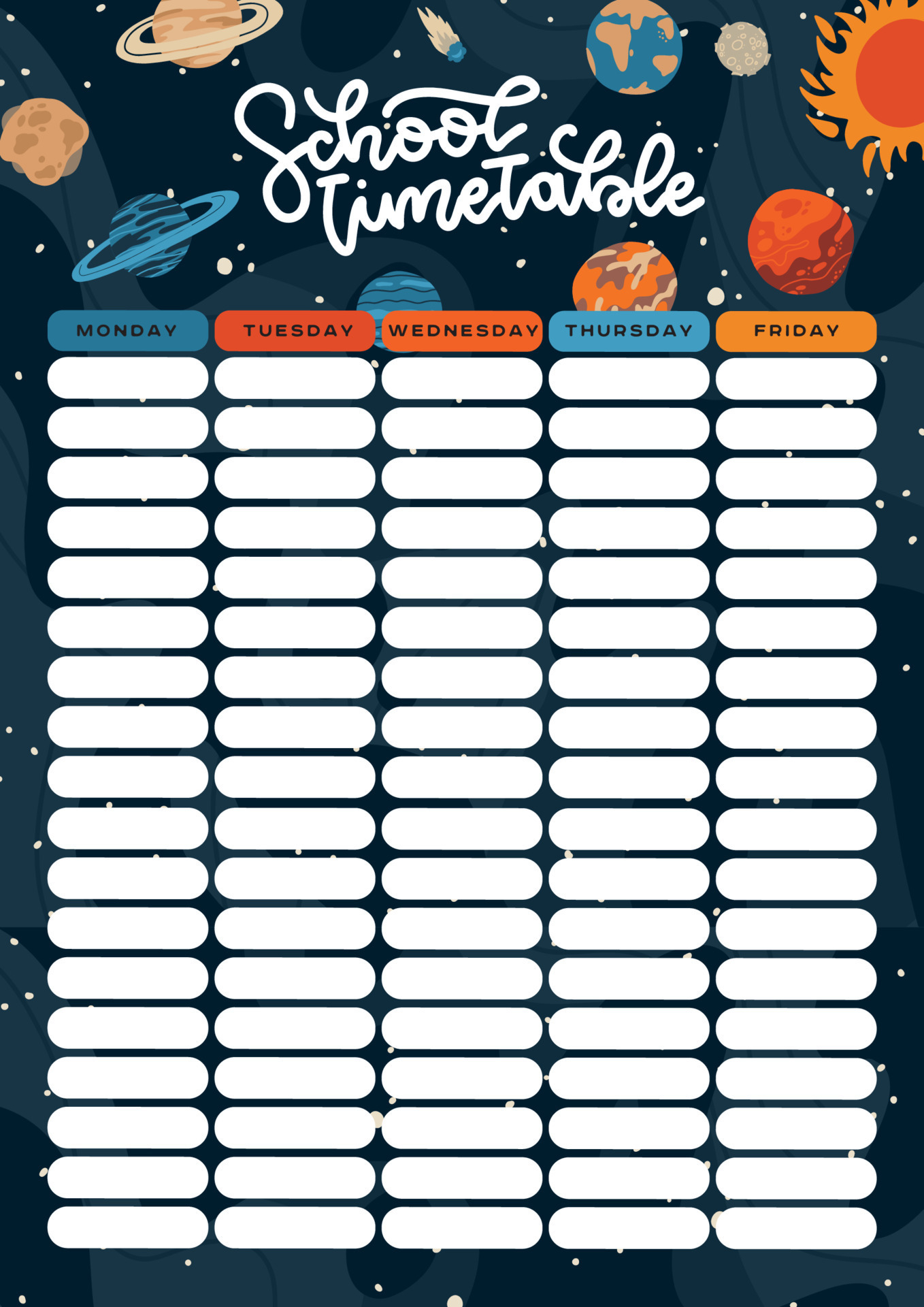 School timetable sheet template. Childish printable galaxy weekly planner  for kids, solar system with stars on dark background. Fantasy galaxy  organizer with planets. Flat hand drawn vector design. 8469375 Vector Art at