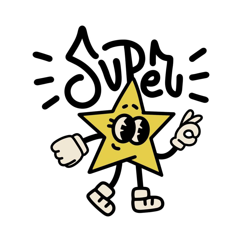 Retro Cartoon emblem of super star in vintage linear style with lettering  word. Cute character with eyes, gloved hands. Hand drawn trendy vintage  cartoon style. Vector Illustration 8469380 Vector Art at Vecteezy