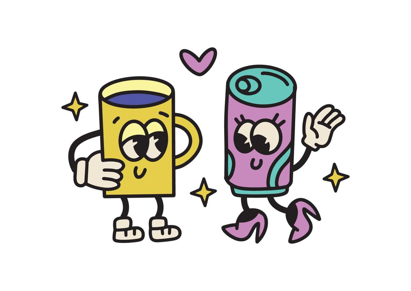 Funny cartoon characters - mug and soda can with retro big eyes. Vector hand drawn illustration. Comic characters in trendy retro cartoon style. Couple in love. Isolated print tee concept.