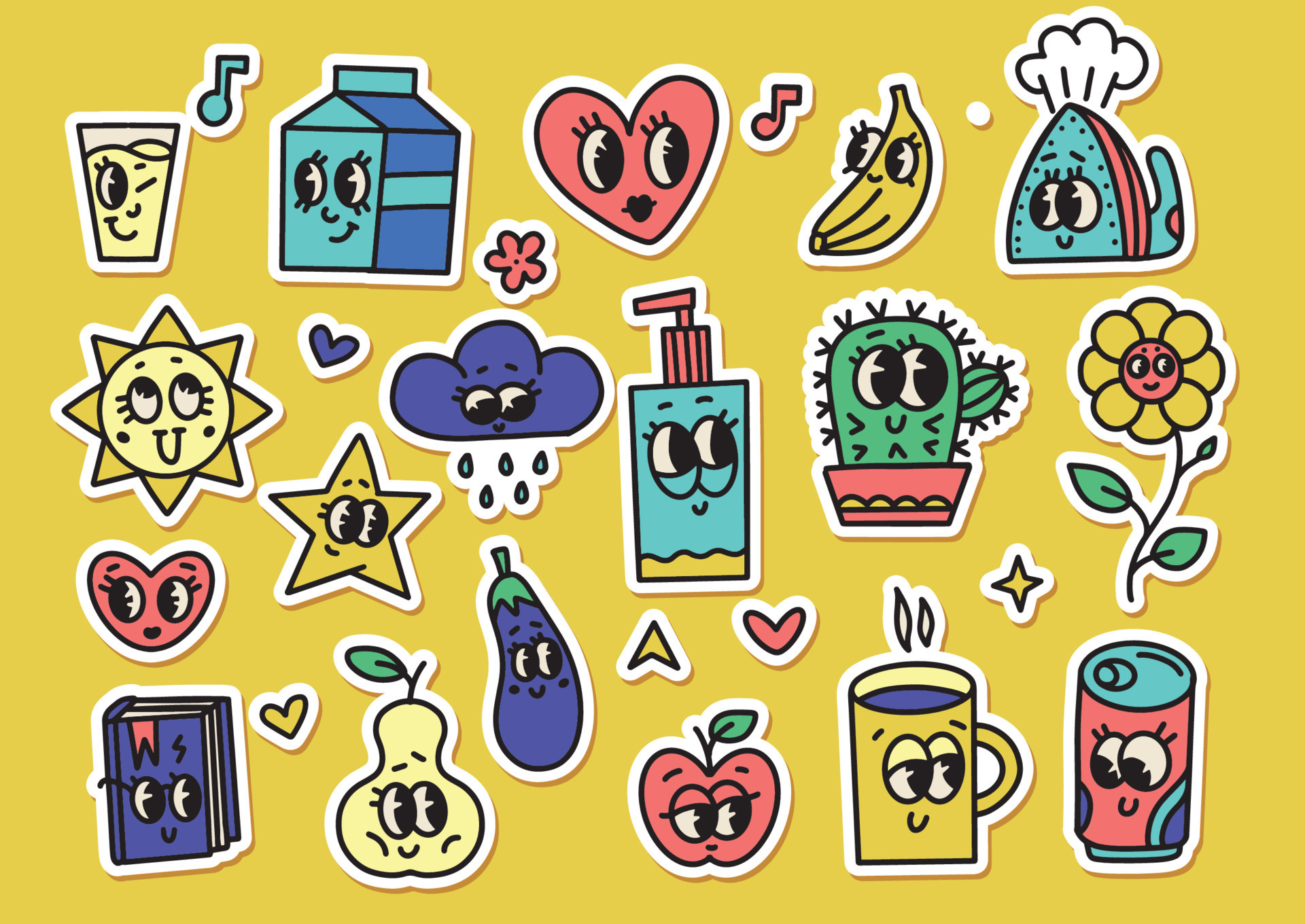 Big sticker pack of retro funny cartoon characters with big eyes. Vector  illustration of comic heart, sun, fruits, iron, book, cloud, flower,  abstract faces etc. Comic elements in trendy vintage style 8469388