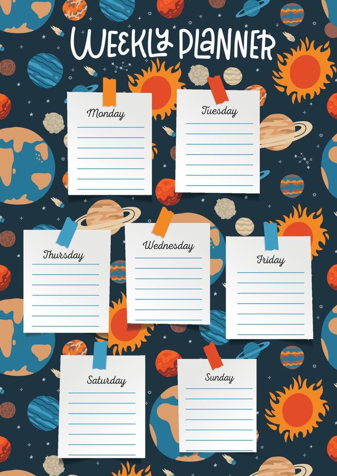 Solar system space planets school timetable. Student lessons schedule, school weekly planner or classes calendar with fantasy planets, stars in outer space. Vector flat hand drawn illustration.